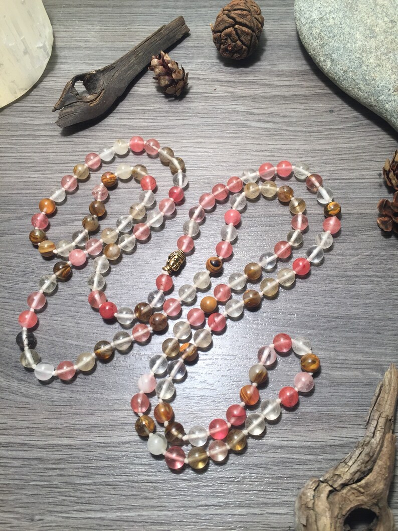 Quartz Beaded Necklace Gemstone Meditation Yoga Mala Necklace Watermelon Quartz Gemstone Beaded Buddha Necklace