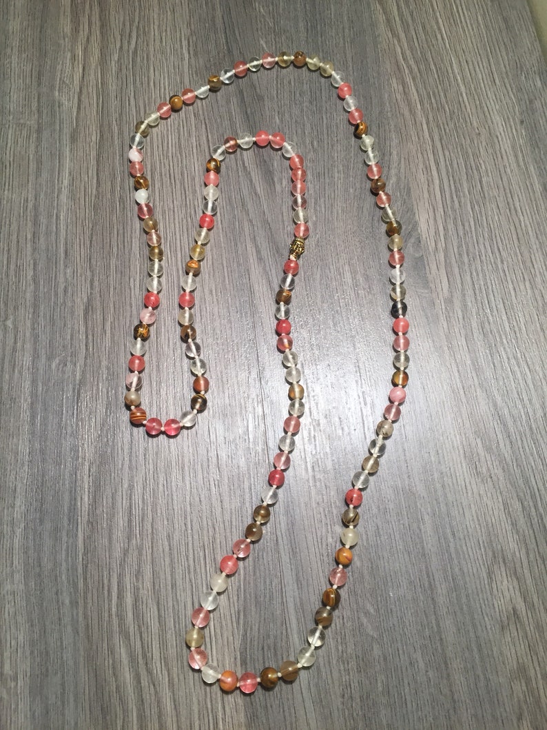 Quartz Beaded Necklace Gemstone Meditation Yoga Mala Necklace Watermelon Quartz Gemstone Beaded Buddha Necklace