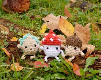 Pack 3 ESP and ENG crochet patterns. Autumn amigurumi. Amigurumi mushroom, acorn and hedgehog. Kawaii crochet.