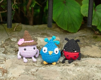 Pack 3 crochet pattern ENG. Amigurumi witch, lady bug and peacock. Kawaii crochet.