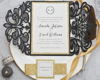 DIY Black and Gold Invitation Set, Ready to Go Invitation Suites, Gold and Black Themed Wedding Laser Cut Invites,  Laser Cut Invite, DIY