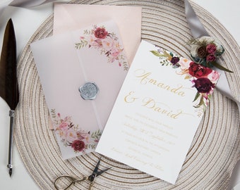 Burgundy Floral Vellum Pocket Invites, Vellum Invitations, Burgundy Floral Themed Wedding Pocket Invites, Laser Cut Invite, DIY