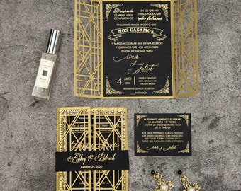Exquisite Mirror Gold Art Deco Wedding Invitations, Foil Invitations, Black and Gold Wedding Invites, Laser Cut Invite , Gold Foil Invite