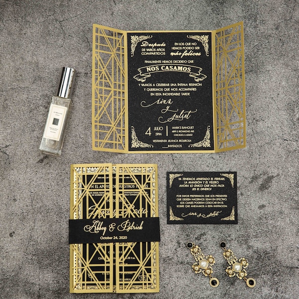 Exquisite Mirror Gold Art Deco Wedding Invitations, Foil Invitations, Black and Gold Wedding Invites, Laser Cut Invite , Gold Foil Invite