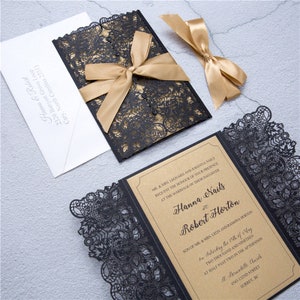 Elegant Lace Pocket Invitations, Black and Gold Invitations, Customisable Laser Cut Invitations, Metallic Gold Invitations, Elegant Invites