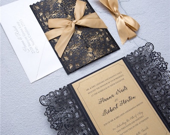 Elegant Lace Pocket Invitations, Black and Gold Invitations, Customisable Laser Cut Invitations, Metallic Gold Invitations, Elegant Invites