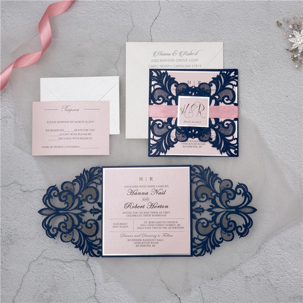 Navy and Blush Invitation Suite, Decorative invitation Suite, Navy Laser and Blush Pocketfold Invites, Wrapped invitation, Navy Invites