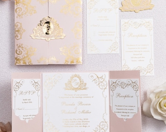 Pocket Invitation Folded Suite, All in one suite, Blush & Gold Foil Printed Invitation Suite, Open Suite with Monogram, Acrylic Monogram