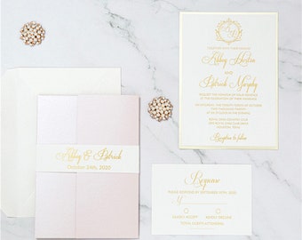 Blush Shimmer Pocket Invitations with Gold Foil Printing and Gold Trim, Foil Printed Pocket Invitations, Gold and Blush Wedding Invitations