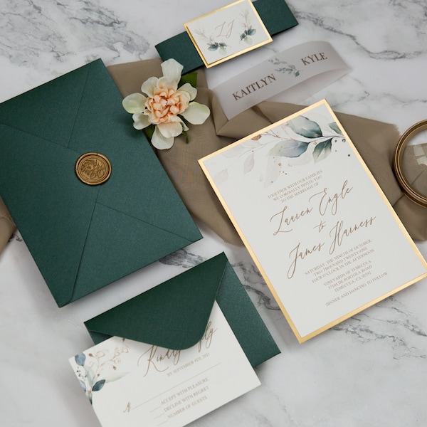 Emerald and Gold Pocket Invitations with Greenery, Greenery Themed Wedding Invitations Including Wax Seals, Invitation Kit, DIY Invitations