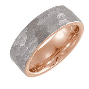 Mothers Day Sale Tungsten 8 mm, 6 mm Hammered & 18K Rose White Gold PVD, 6 mm Band, Comfort Fot, Men&#39;s Wedding Band, Custom Made