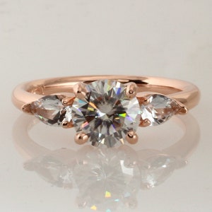 White Sapphire Engagement Ring/ Rose Gold Engagement Ring / Pear White sapphires / Round Moissanite Ring EF color/ 14K Gold Diamond Ring