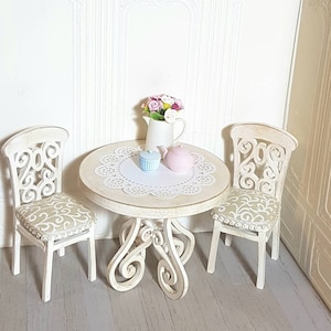 Dollhouse Miniature Gift, Dollhouse Miniatures, Dollhouse Furniture, Shabby Chic Miniatures, Miniature Table, Dollhouse Chair Set, Gifts