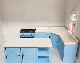 Dollhouse Miniature Kitchen Set, Dollhouse Kitchen, Dollhouse Blue Kitchen, Miniature Kitchens