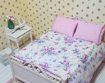 Mini Dollhouse Bedspread Comforter 2 Pillows 1:12 scale butterfly print #C85 
