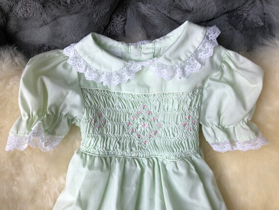 Vintage Polly Flinders Smocked Mint Green Dress f… - image 2