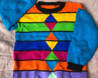 Vintage Late 80s - Early 90s Hand Knit Colorful Sweater Jumper for Kids or Adult - Diamonds and Stripes Design - Please See Measurements