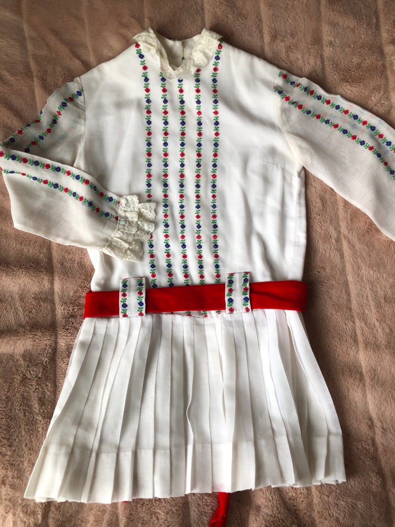 Vintage 1960s Peasant Style Folk Dress with Colored Embroidery on White Cotton for Young Girl, Please See Measurements image 9