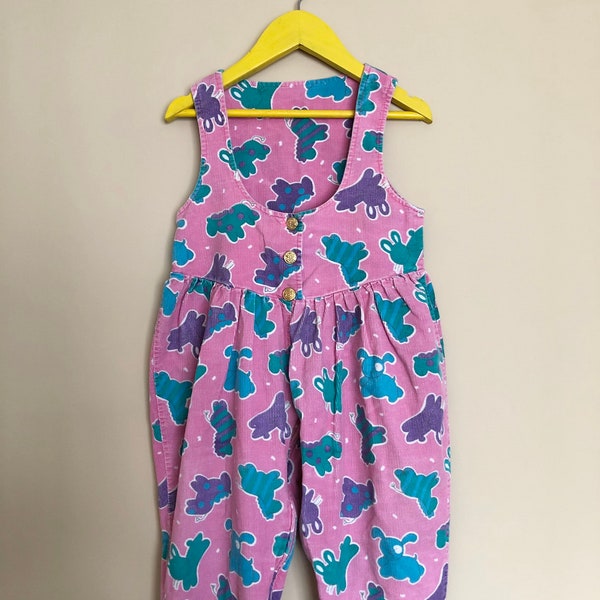 Vintage 1980s Pink Pastel Corduroy Overalls for Baby in Animal Print with Button Details, See Measurements for Size