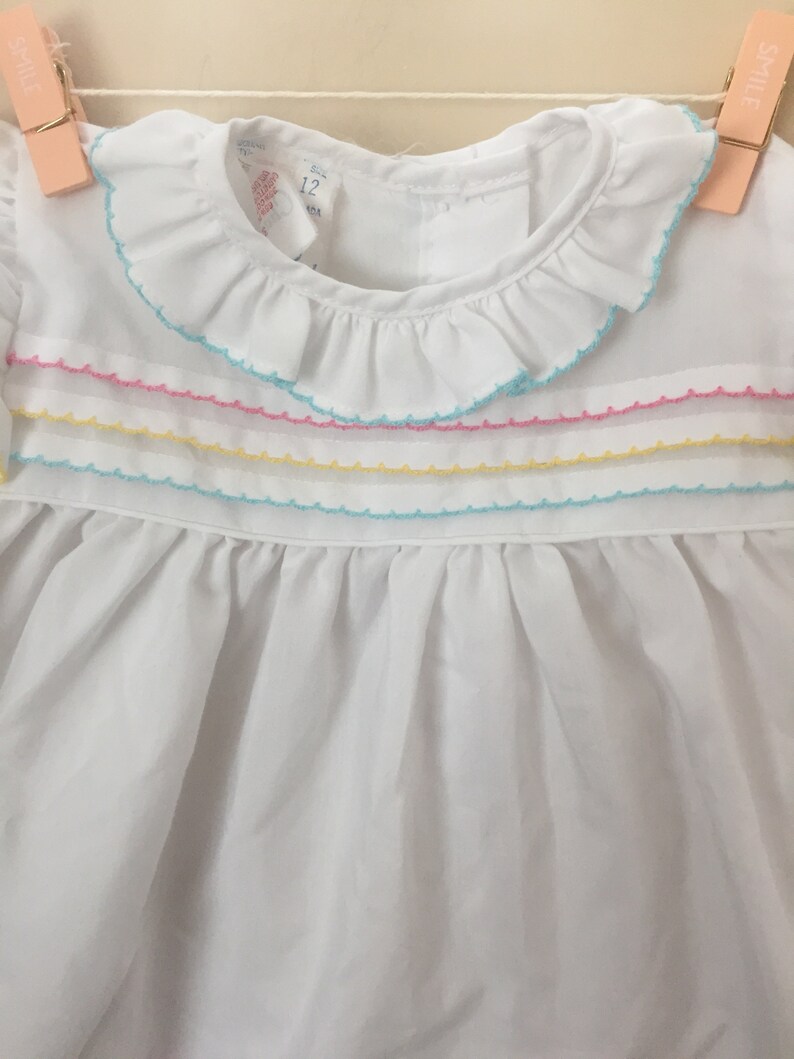 Vtg White Baby Dress with Embroidery Details on Bodice Charming Original Sleeves and Hem Made in Canada Size 12 Months Collar