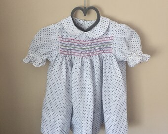 Vtg Lightly Rainbow Smocked Polka Dot Dress with Peter Pan Collar - Size Newborn