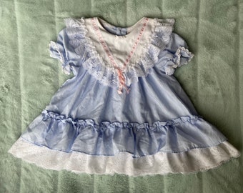 Darling Vintage 1980s Little Princess Brand Lavender Ruffled Dress for Baby with Pink Ribbon on Bib Style Collar Adorned with Lace, Size 2
