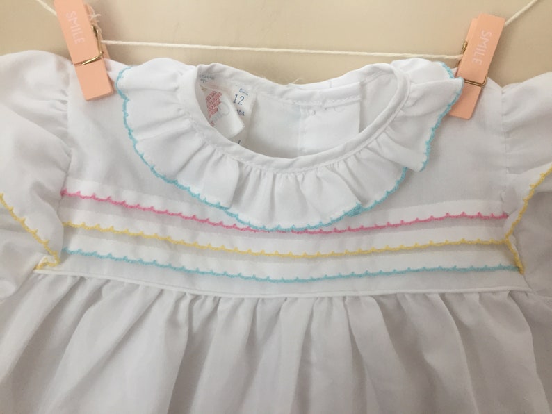 Vtg White Baby Dress with Embroidery Details on Bodice Charming Original Sleeves and Hem Made in Canada Size 12 Months Collar