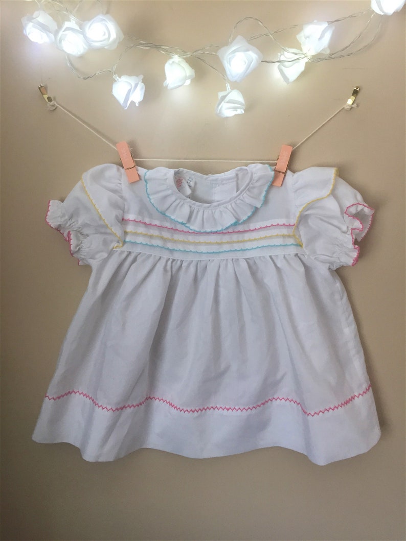 Vtg White Baby Dress with Embroidery Details on Bodice Charming Original Sleeves and Hem Made in Canada Size 12 Months Collar