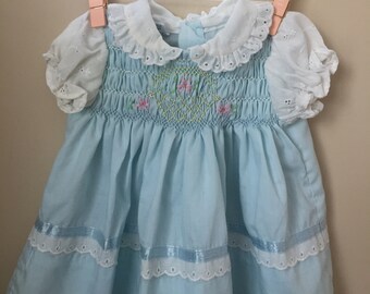 Vintage Polly Flinders Hand Smocked Baby Blue Dress - Vintage Polly Flinders Smocked Dress for Newborn - Size 0 to 3 Months