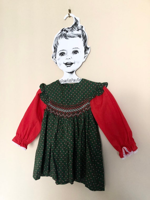 Vintage Smocked Green and Red Dress for Baby with… - image 3