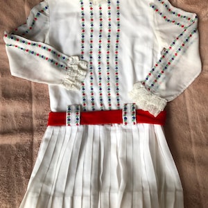 Vintage 1960s Peasant Style Folk Dress with Colored Embroidery on White Cotton for Young Girl, Please See Measurements image 1