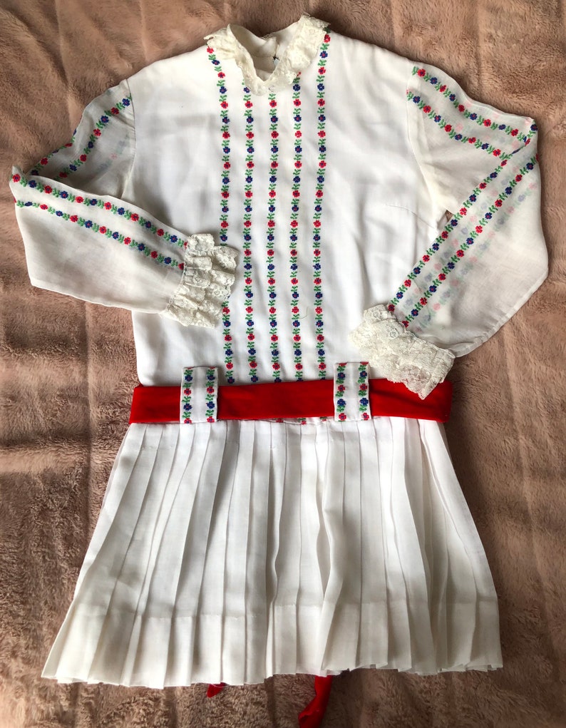 Vintage 1960s Peasant Style Folk Dress with Colored Embroidery on White Cotton for Young Girl, Please See Measurements image 1