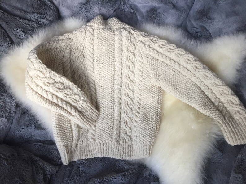 Vintage Hand Knit Cabled Fisherman Style Sweater Jumper for Baby See Measurements Beige Fishermen/'s Cardigan with Brown Buttons