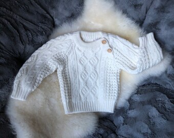 Cabled Fisherman's Pullover Sweater for Baby - Beige Fishermen's Sweater with Brown Buttons on Shoulders - See Measurements