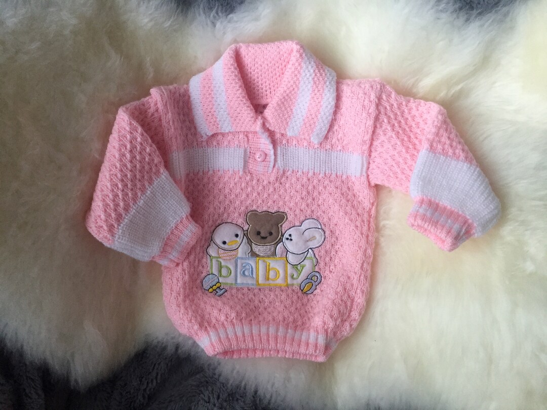 Vintage baby Pink Baby Sweater With Collar and Baby Blocks Applique on