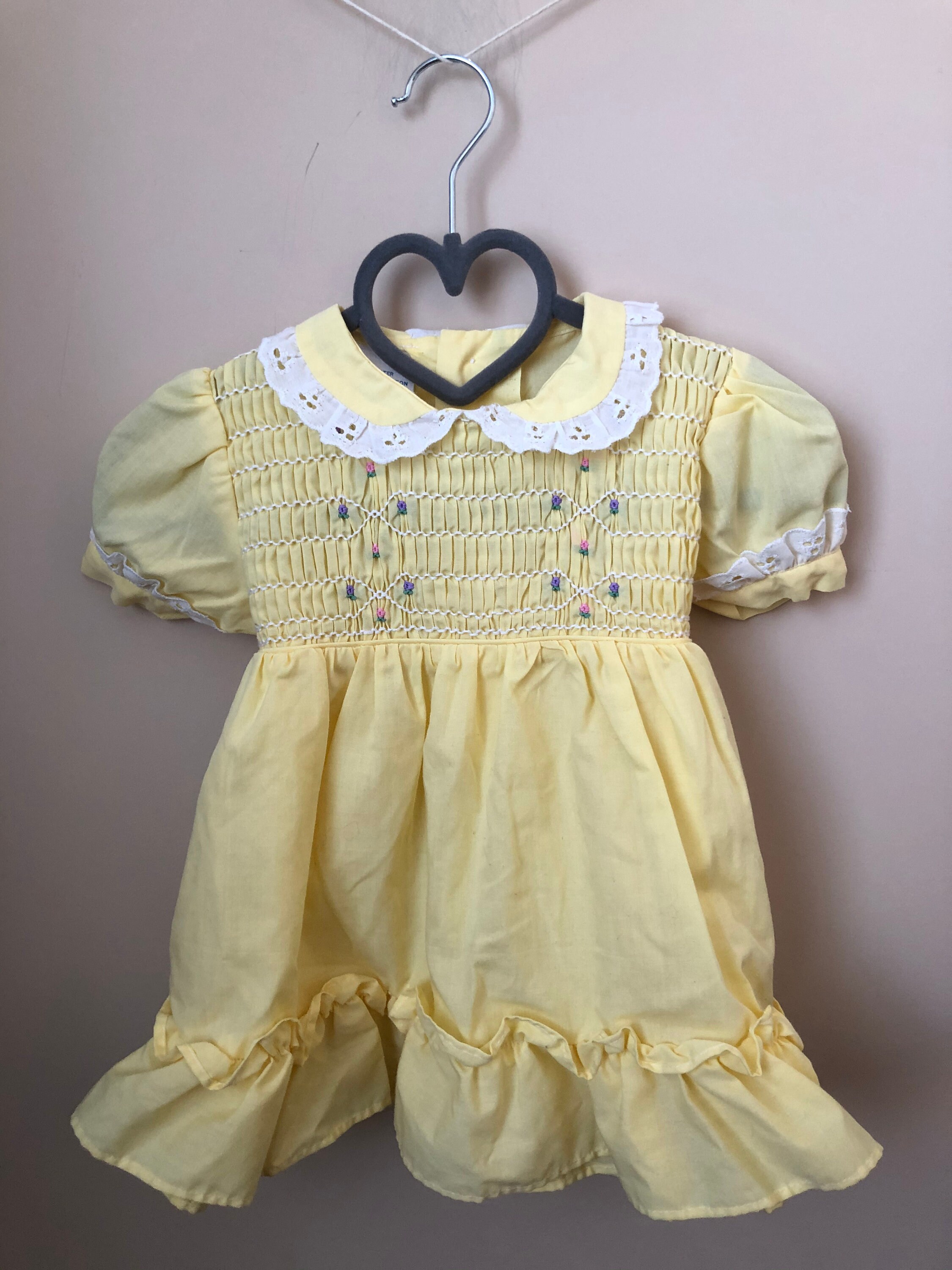 Vintage Yellow Smocked Dress With Lace Trimmed Peter Pan