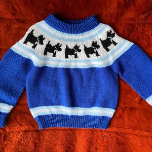 Vintage Hand Knit Pullover Sweater in Acrylic for Young Child with Scottie Terriers Around Collar in Blue, White and Black, See Measurements