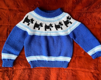 Vintage Hand Knit Pullover Sweater in Acrylic for Young Child with Scottie Terriers Around Collar in Blue, White and Black, See Measurements