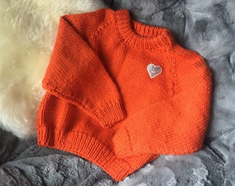 Orange Halloween Sweater Jumper for Baby - Pullover Sweater with Glittery Silver Heart Patch on Front - For Toddler