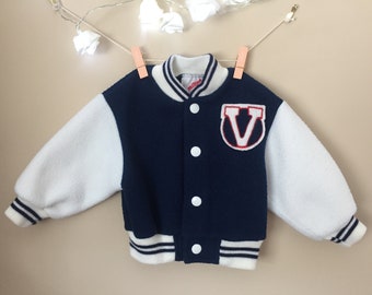 Vintage Varsity Sports Jacket for Baby - Vintage Navy and White Fleece Varsity Sweater Jacket for Baby - Size 12 Months