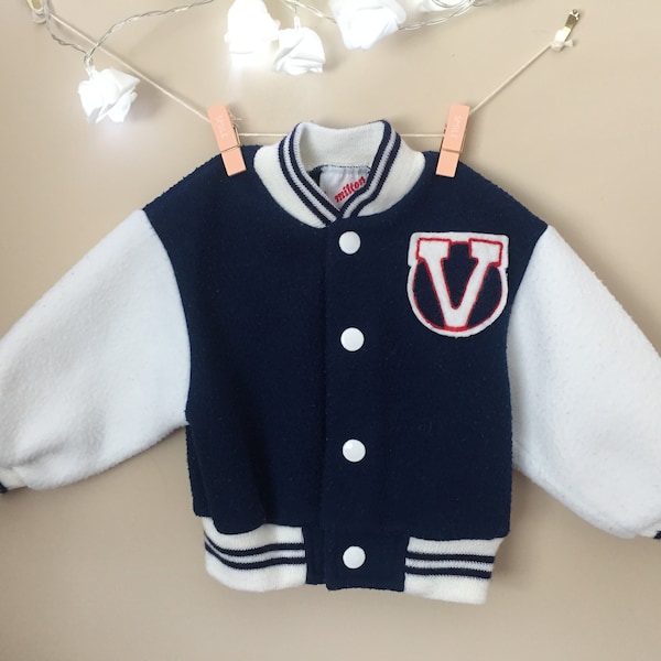 Vintage Varsity Sports Jacket for Baby - Vintage Navy and White Fleece Varsity Sweater Jacket for Baby - Size 12 Months