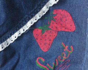 Vintage 1980s Strawberry Jeans for Baby - Strawberry SWEET Print Jeans with Diagonal Lace Details - Size 2 Years