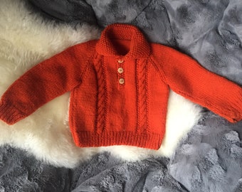 Vintage Hand Knit Orange Halloween Sweater Jumper for Baby - Cable Knit with Buttons on Front - Some Pilling Throughout -