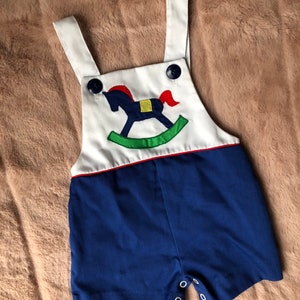 Vintage 1970s Cotton Appliqued Overalls for Baby, Blue and White Overalls with Rocking Horse Appliqué Design On Front, See Measurements