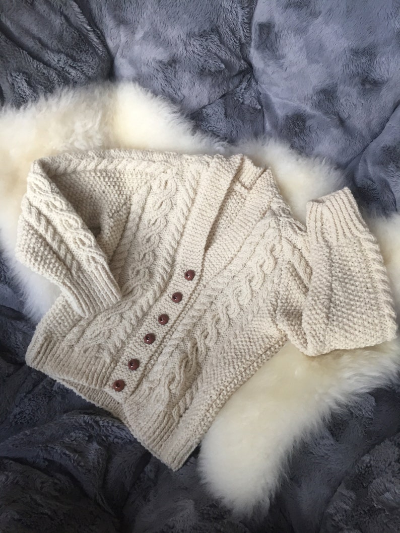 Vintage Hand Knit Cabled Fisherman Style Sweater Jumper for Baby See Measurements Beige Fishermen/'s Cardigan with Brown Buttons