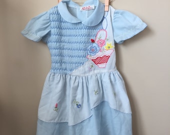 Vintage Smocked Dress for Baby - Blue Dress with Smocked Bodice and Appliqued Basket of Flowers and Apron Style Skirt - Size 2T - 3T