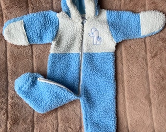 Vintage Fleece Romper Onesie Sleeper Pajamas - Blue and White Zip Up Front with Elephant Patch by Mothercare - 18 Months or 70 cm