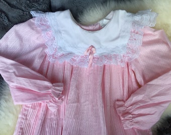 Vintage 1980s Pink Frilly Lace Dress for Baby - Bib Style Collar with Lace Trim and Small Pink Bow, Lightly Pleated Throughout, Measurements