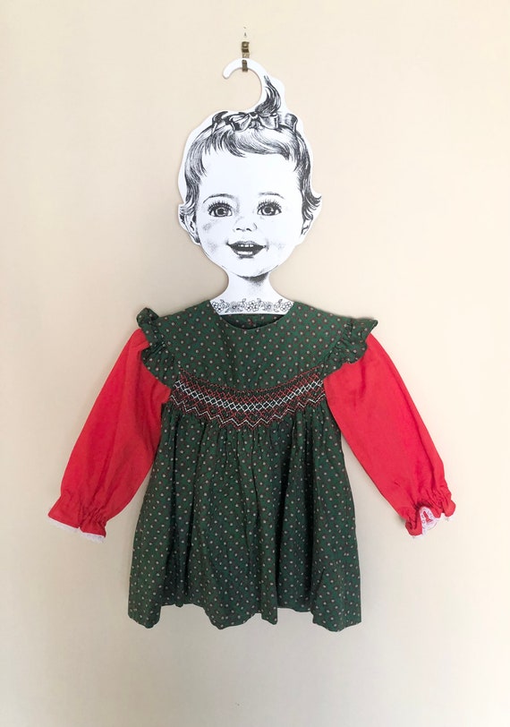 Vintage Smocked Green and Red Dress for Baby with… - image 1