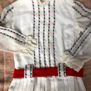 Vintage 1960s Peasant Style Folk Dress with Colored Embroidery on White Cotton for Young Girl, Please See Measurements image 2